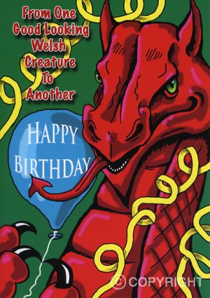 Welsh Birthday Card featuring a Welsh Dragon holding a balloon with the words Happy Birthday.