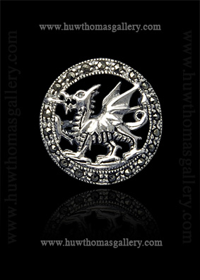 Silver Welsh Dragon Brooch Set With Marcasite (round)