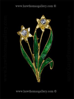 Double Daffodil Costume Brooch ( Gold & Green )
