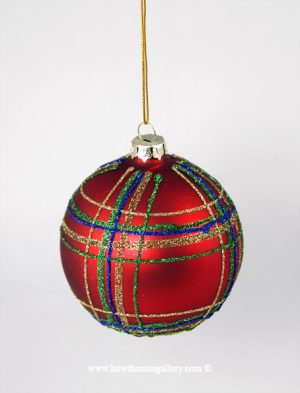 Red Christmas Tree Bauble Striped With Coloured Glitter