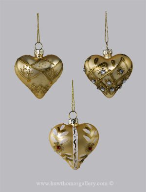 A Set Of 3 Gold Heart Shaped Christmas Tree Baubles