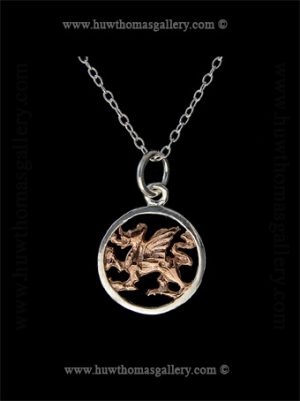 Silver Welsh Dragon Pendant With Rose Gold ( Round )