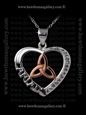 Silver Heart Shaped Welsh Cariad Pendant / Necklace With Rose Gold & Diamante