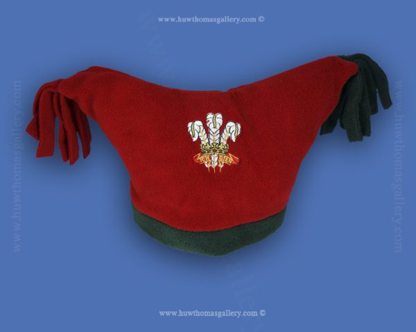 Child’s Red Welsh Fleece Hat With Tassels & 3 Feather Motif