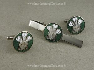 Three Feather Tie Slide & Cufflink Set In Green And Silver Finish