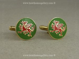 Welsh Dragon Cufflinks Green Enamel Background (gold Finish)