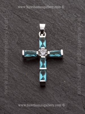 Silver Cross Pendant /necklace With Diamante Stones (blue)