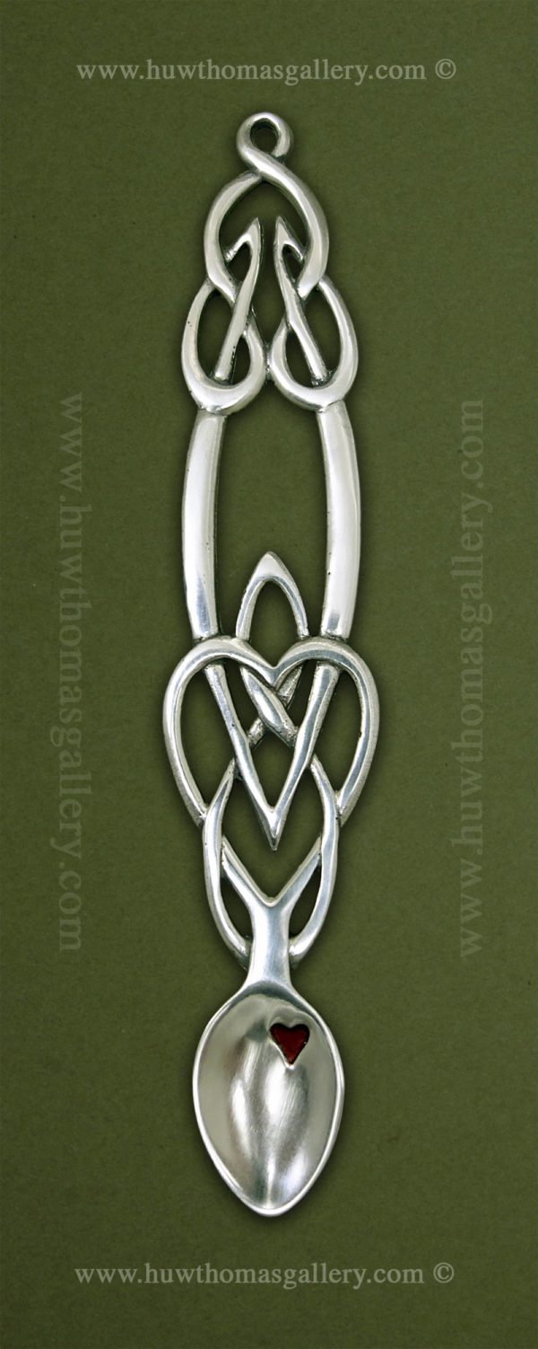 Pewter Lovespoon with celtic knotwork design and red enamel heart (S 6 inch )