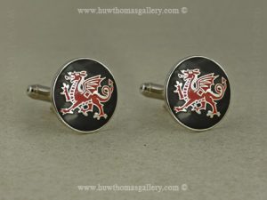 Welsh Dragon Cufflinks Black Enamel Background (silver Finish)