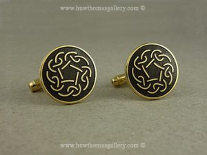 Celtic Knotwork Cufflinks With Black Enamel And Gold Finish