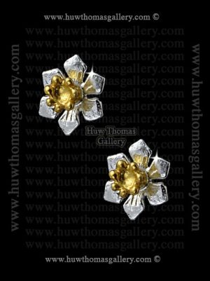 Silver & Gold Daffodil Flower Head Stud Earrings