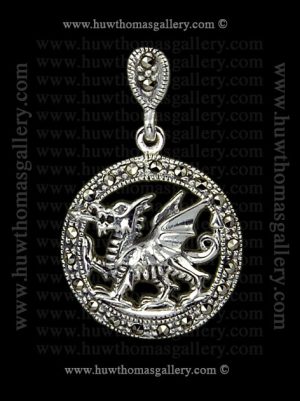 Silver Welsh Dragon Pendant / Necklace Set With Marcasite
