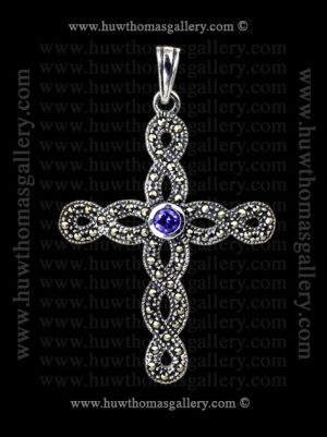 Silver Cross Pendant / Necklace Set With Marcasite (purple)