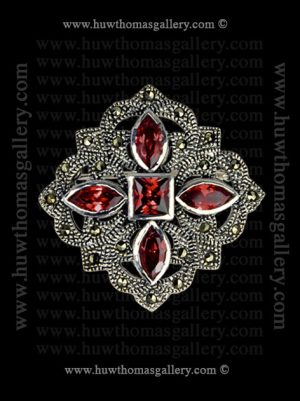 Silver Marcasite Brooch Set With Faceted Garnet Coloured Stone