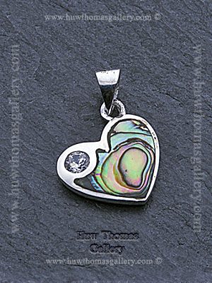 Silver & Paua Shell Pendant Heart Shaped With Diamante Stone