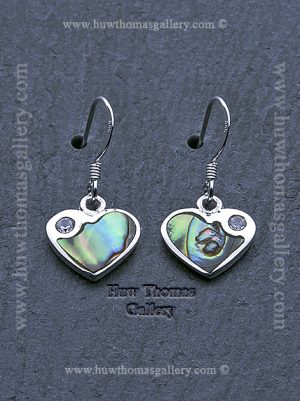 Silver & Paua Shell Earrings Heart Shaped With Diamante Sone